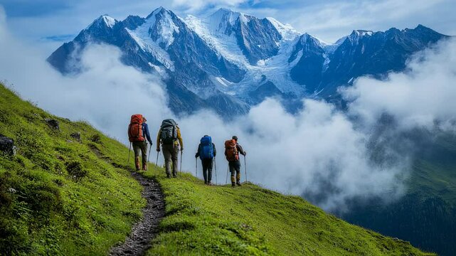 Team of Hikers conquering majestic mountainous landscape under cloudy sky