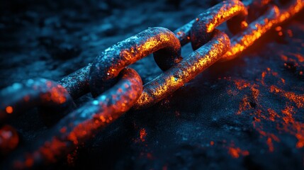 Rusty chain links glowing on dark surface