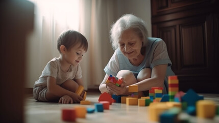 grandmother and young boy playing with toy blocks on the floor, cheerful mood