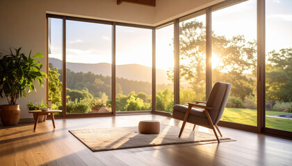 Fototapeta premium Modern living room with large glass windows, wooden floor, cozy armchair, soft rug, indoor plant, and scenic mountain view at sunrise, creating peaceful atmosphere