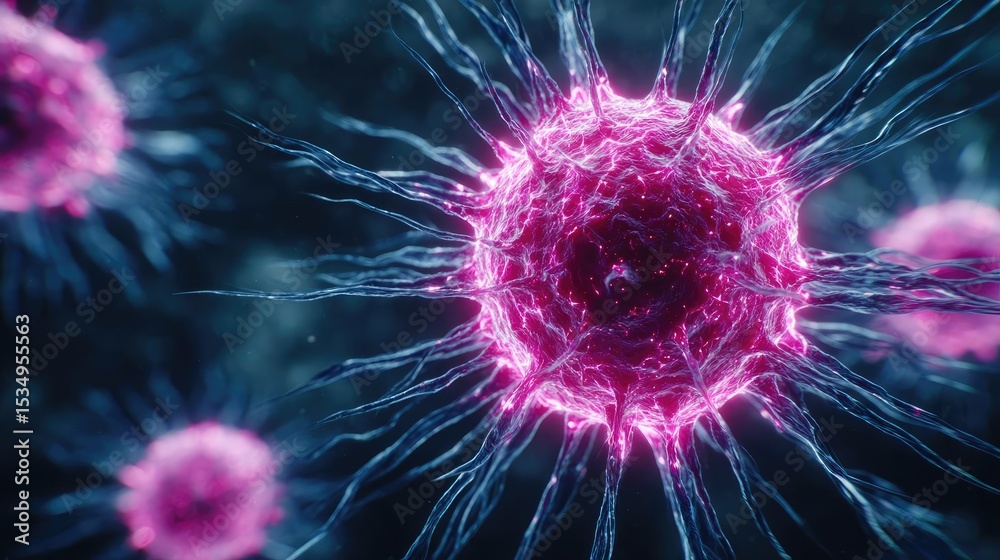 Poster immune response discovery and treatment mechanism concept. high-resolution image of a vibrant pink c