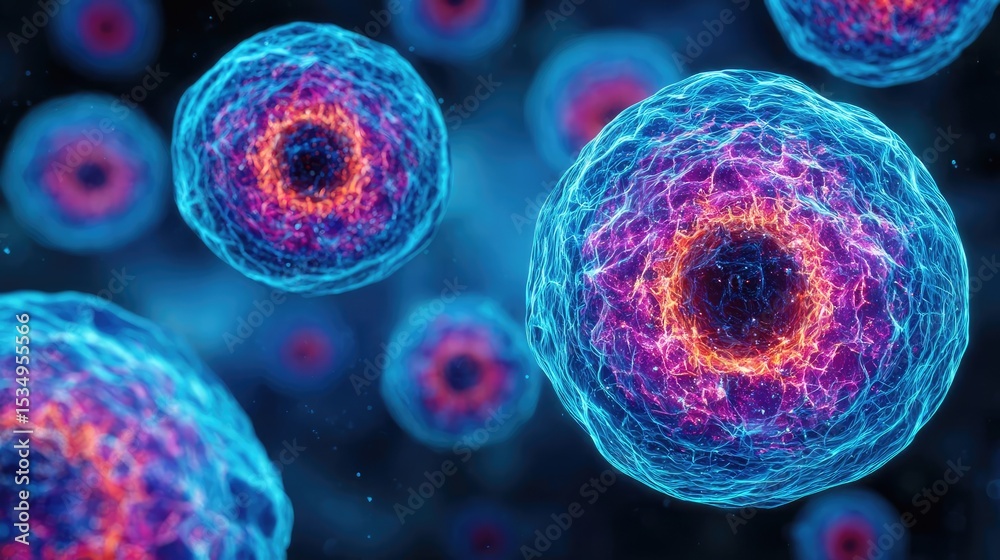 Poster immune response discovery and treatment mechanism concept. vibrant digital representation of biologi
