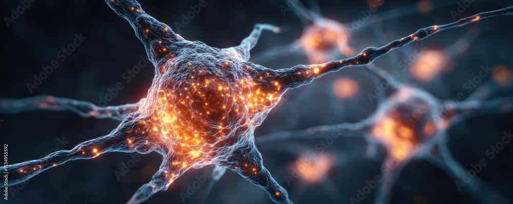 Poster immune response discovery and treatment mechanism concept. close-up view of neurons showcasing vibra