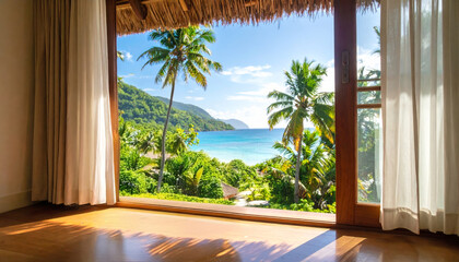 Tropical beach ocean palm sunlight window resort paradise summer vacation. bright tropical beach view with palm trees and blue ocean seen through large window creating relaxing and inviting