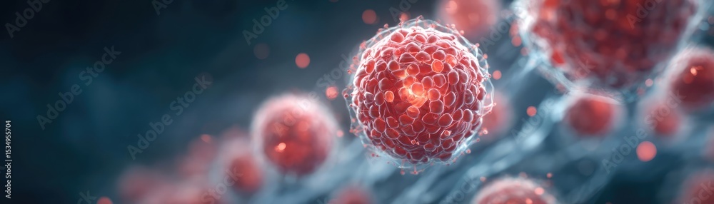 Poster immune response discovery and treatment mechanism concept. close-up view of vibrant red cells under 