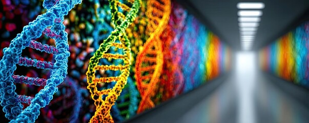 Chemotherapy effect diagnosis and discovery in oncology concept. Colorful DNA artwork in a modern scientific hallway.