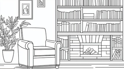 Interior drawing of a cozy reading room with armchair, bookshelf, and fireplace.
