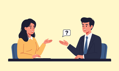 Obraz premium Business Communication and Questioning. An illustration of a man and a woman in business attire, seated at a table and engaged in conversation.
