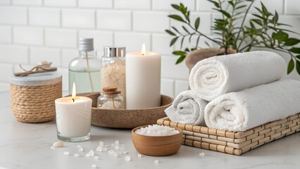 Luxurious spa setting with candles towels and bath salts
