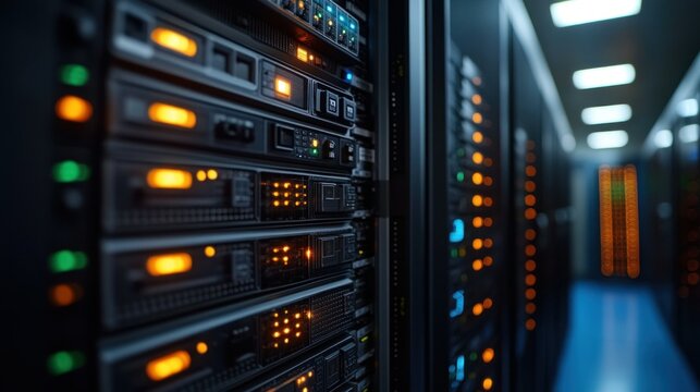 Server racks with glowing indicators in a data center - Powered by Adobe