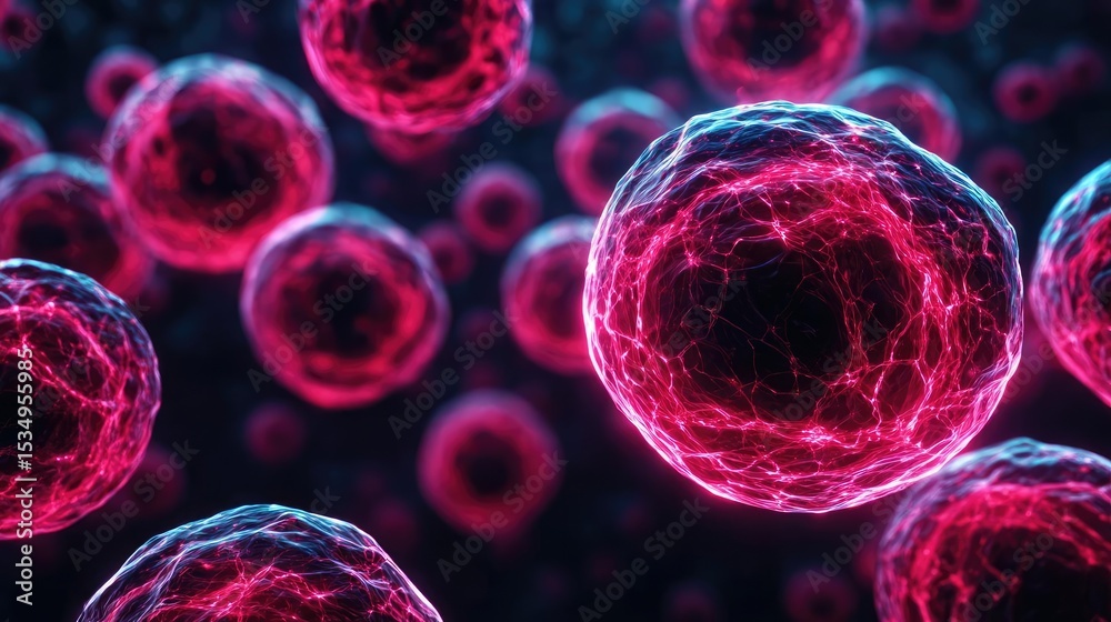 Poster Immune response discovery and treatment mechanism concept. Microscopic view of colorful cells illustrating cellular structures.