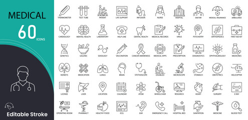 Medical related icon collections. Containing doctor, hospital, medicine, health, first aid, syringe, stethoscope, pill, ambulance, and healthcare icons. Editable Stroke.