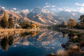 Obraz premium Scenic Lake Reflection of Snow Capped Mountains and Autumn Trees