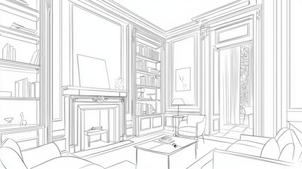 Architectural drawing of an elegant interior living room.