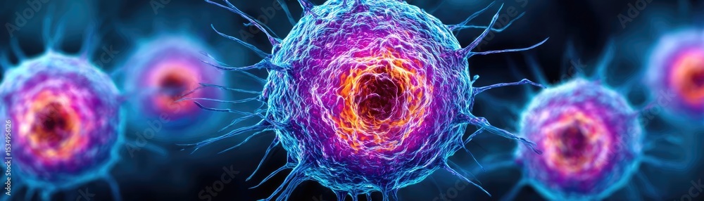 Aufkleber immune response discovery and treatment mechanism concept. microscopic view of colorful cells illumi