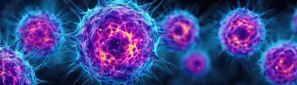 Aufkleber immune response discovery and treatment mechanism concept. colorful microscopic view of cells in vib