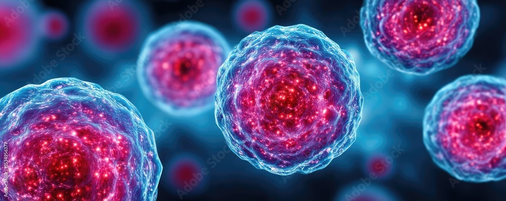 Aufkleber immune response discovery and treatment mechanism concept. colorful microscopic view of cells in a b