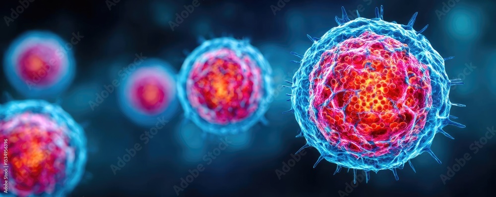 Poster immune response discovery and treatment mechanism concept. microscopic view of colorful cells in a v