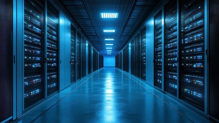 Server room hallway lit by cool blue light