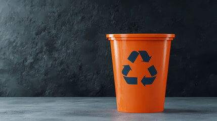 A bright orange recycling bin with a blue recycling symbol sits alone against a dark textured wall on a concrete floor.