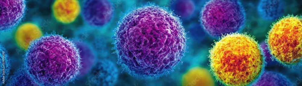 Poster immune response discovery and treatment mechanism concept. vivid microscopic view of colorful viruse