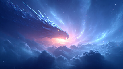 Mythical Ice Dragon Emerging from Fiery Sky Clouds