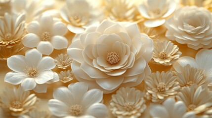 Elegant white flowers arranged on a golden surface, exuding luxury and sophistication 