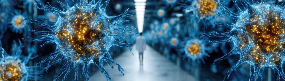 Poster immune response discovery and treatment mechanism concept. abstract representation of microorganisms