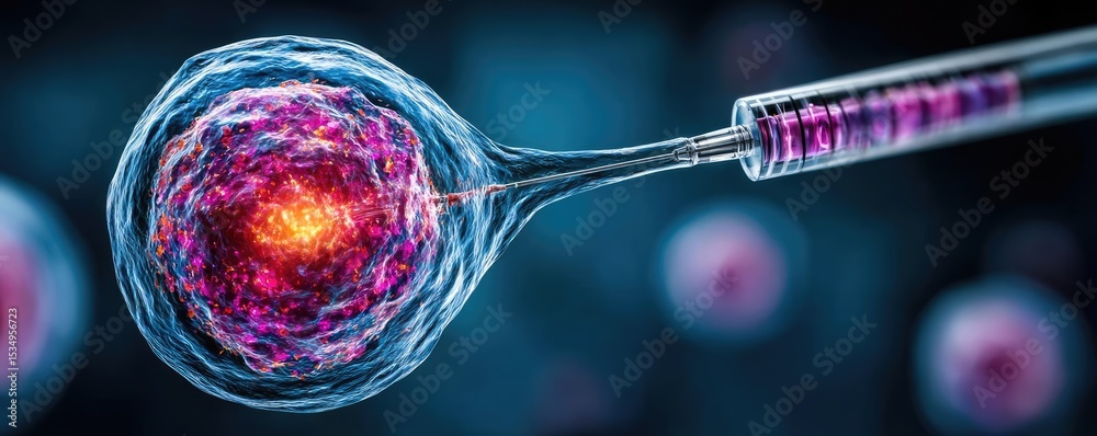 Poster immune response discovery and treatment mechanism concept. close-up of a cell being injected with a 