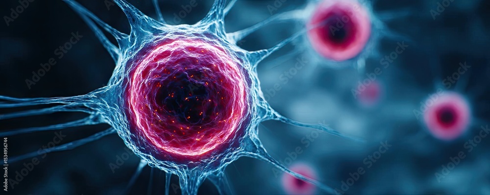 Poster Immune response discovery and treatment mechanism concept. Close-up view of abstract cells showcasing intricate structures.