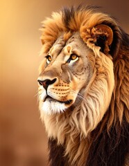 A majestic lion with a flowing mane, rich golden-brown fur, and deep, expressive brown eyes gazes intently into the distance, exuding strength.
