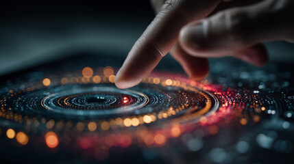Hand interacting with glowing circular data UI
