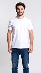 Fototapeta premium A casually dressed man wearing a crisp white shirt and blue jeans stands confidently, with a relaxed posture, against a vibrant urban backdrop.