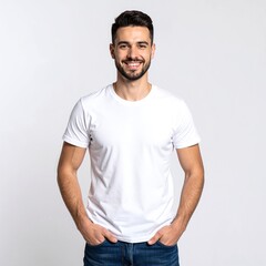 A man wearing a casual white t-shirt stands confidently against a textured brick wall, with a relaxed posture and a thoughtful expression on his face.