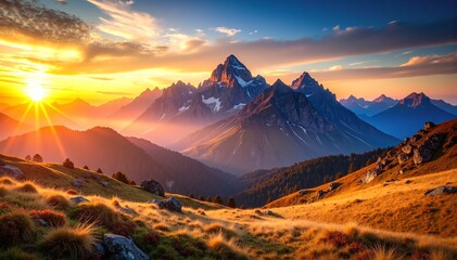Fototapeta premium A breathtaking mountain range with towering peaks in the background, showcasing rugged cliffs, lush green valleys, and a clear blue sky above.