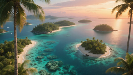 Aerial view of Raja Ampat islands, turquoise water, coral reefs, lush islets, golden hour lighting, ultra realistic CG, dramatic tropical scene, no people, no text