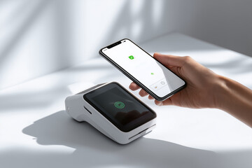 Top-down perspective of a hand holding a smartphone, hovering it over a slim, futuristic payment reader. The terminal displays a digital green tick confirming payment.