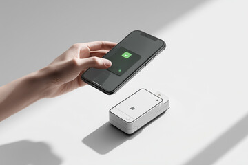 Top-down perspective of a hand holding a smartphone, hovering it over a slim, futuristic payment reader. The terminal displays a digital green tick confirming payment.