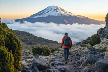 Fototapeta premium Majestic Mountain Hike: A Solo Adventurer's Journey Above the Clouds at Dawn