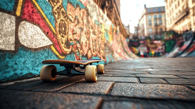 Skateboard by graffiti wall. City street - Powered by Adobe