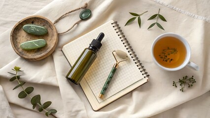Serene selfcare ritual green jade roller essential oil notebook tea