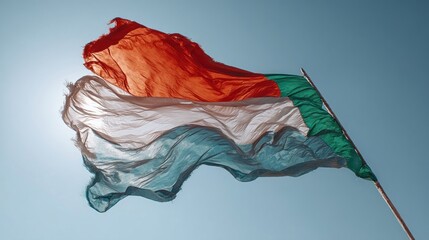 Tricolor flag waving in front of a clear sky