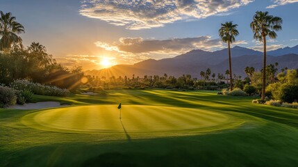 Stunning sunset over a pristine golf course nestled in a palm tree lined valley against majestic mountains