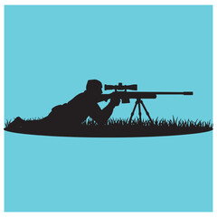 Silhouette of a sniper aiming a rifle lying in grass on a sky blue background