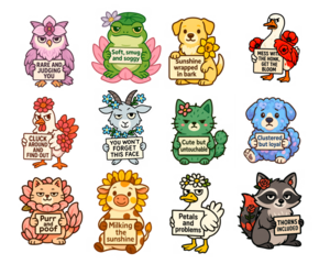 funny cartoon floral animal sticker collection with expressive signs and bold poses showing cat goat frog raccoon and bird hybrids on transparent background 