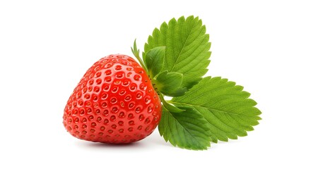 Freshly picked ripe strawberry with green leaves against a pure white background