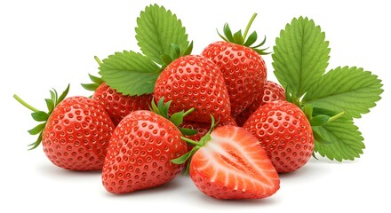 Freshly harvested strawberries with green leaves isolated on a white background