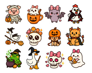 Obraz premium cute halloween cartoon animal and skull stickers with spooky costumes and sweet details featuring cat frog pig bat ghost goose and candy on transparent background for concept of seasonal decor