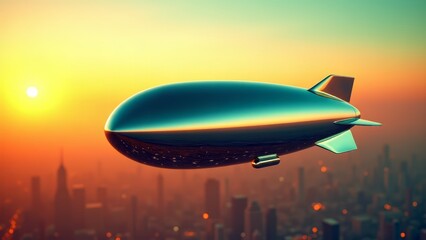 Fototapeta premium Polished zeppelin flying over city at sunset