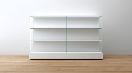 Fototapeta premium Empty White Shelf with Glass Shelves Mock Up Isolated on White